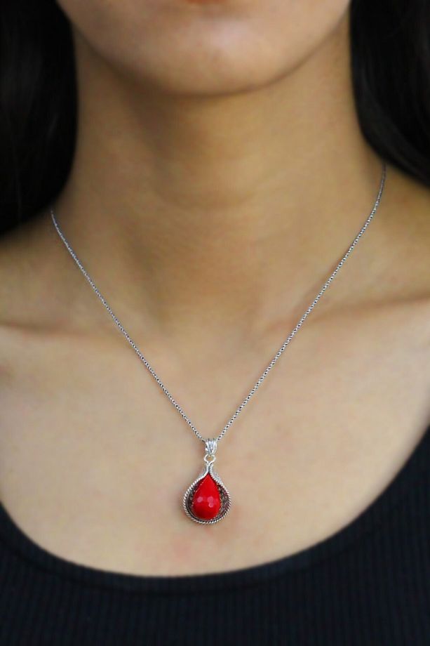 Mercan Taşlı Zambak Model Telkari Gümüş Kolye - 1