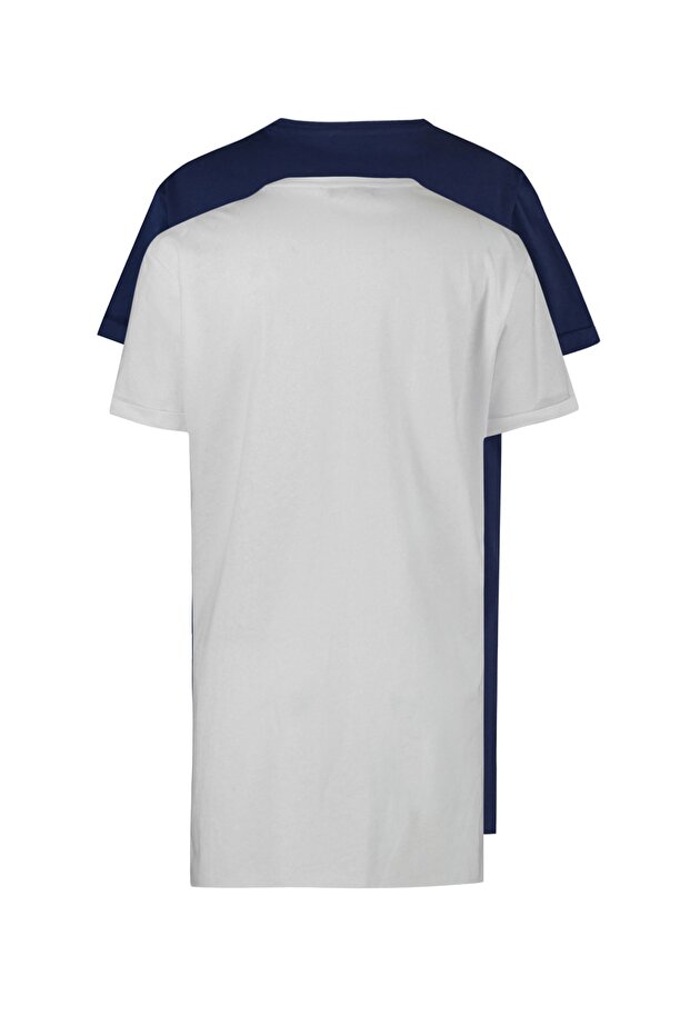Lacivert-Beyaz 2'li Paket Yırtmaç Detaylı Bisiklet Yaka Basic Örme T-Shirt TCTSS21UK0009 - 17