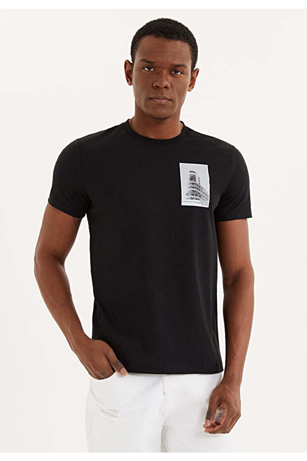 100% Organic Cotton Black Crew Neck-printed T-shirt