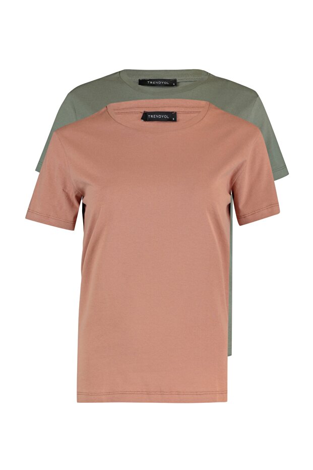 Haki-Somon %100 Pamuk Süprem Bisiklet Yaka 2'li Paket Örme T-Shirt TWOSS20TS0141 - 5