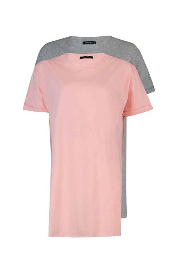 Gri-Pembe 2'li Paket Yırtmaç Detaylı Bisiklet Yaka Kısa Kollu Basic Örme İçlik T-Shirt TCTSS21UK0009 - 8