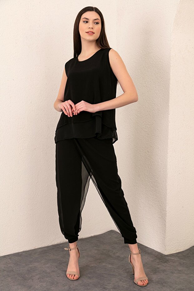 Women's Black Chiffon Detailed Elastic Leg Shalwar Trousers