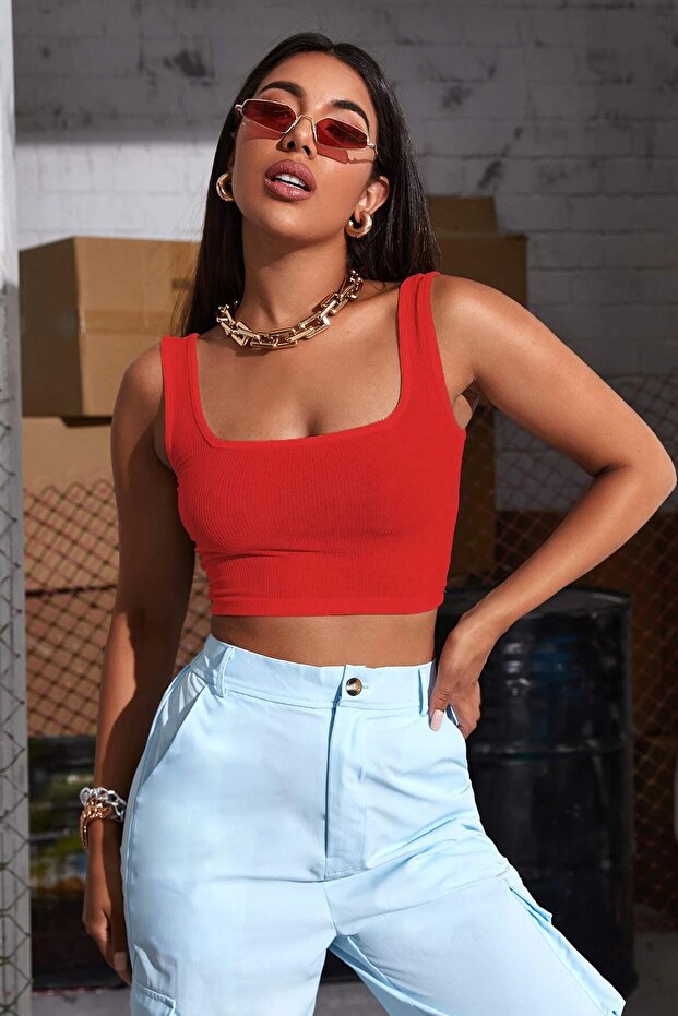 Kadın Kırmızı Askılı Crop Top Bluz - 4