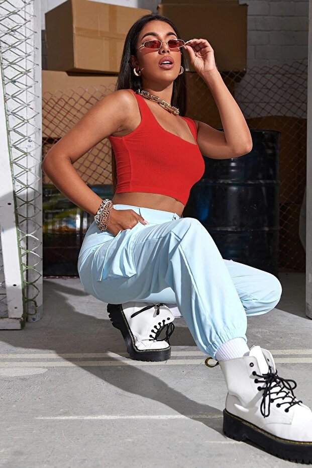 Kadın Kırmızı Askılı Crop Top Bluz - 5