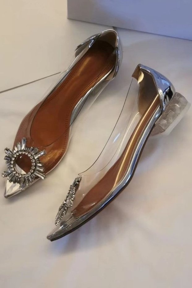 Women's Princess Silver Nude Tan Black Transparent Heeled Crystal Stone Daily Ballerina Shoes