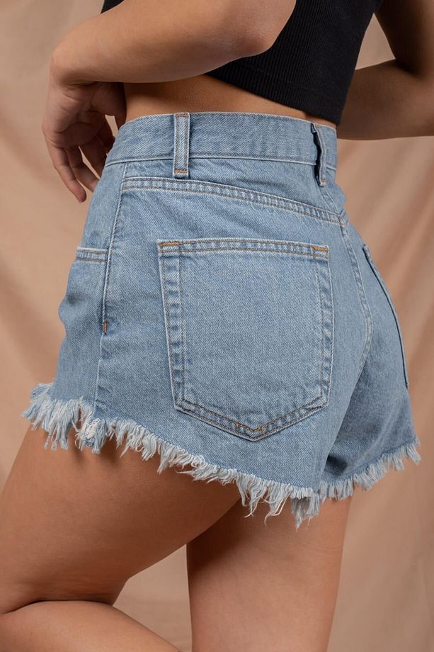 Kadın Mavi Yüksel Bel Paça Detaylı Geniş Paça Denim Jeans Kot Şort & Bermuda - 2