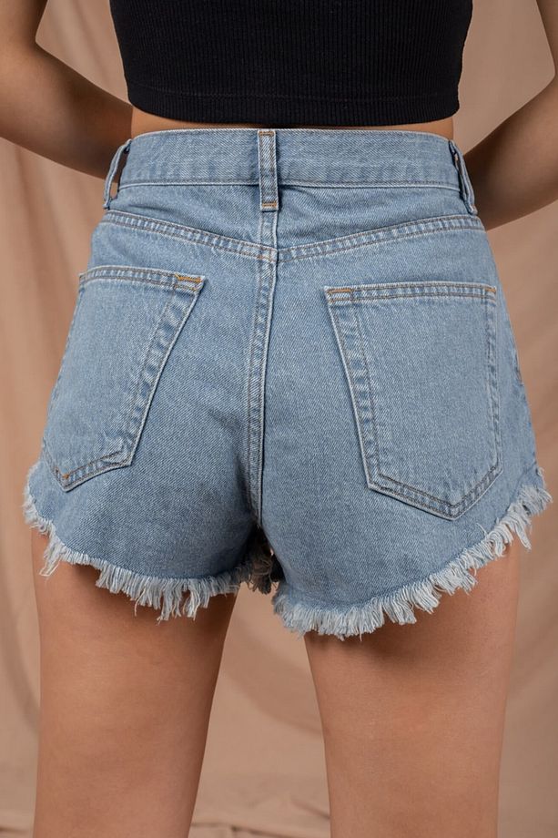 Kadın Mavi Yüksel Bel Paça Detaylı Geniş Paça Denim Jeans Kot Şort & Bermuda - 3