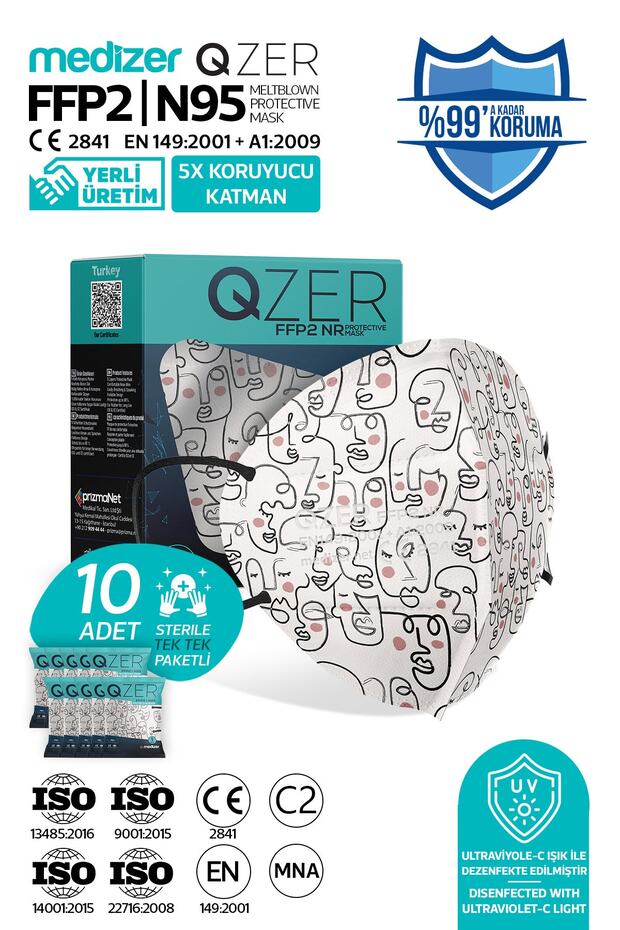 Qzer 10 Adet One Line Art Desenli N95 Maske 5 Katmanlı - 1