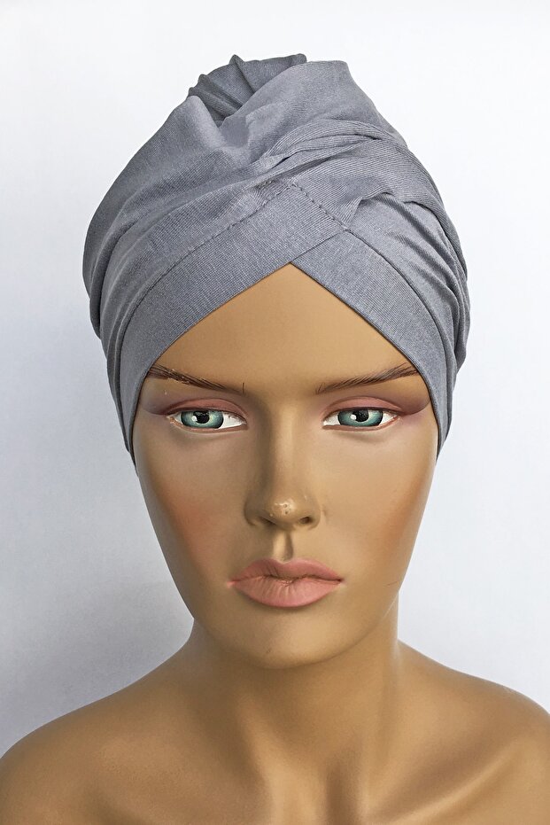 Aura Ready Turban Bonnet Combed Gray Cross Banded Women's Hijab Bonnet Hijab Outer Bonnet