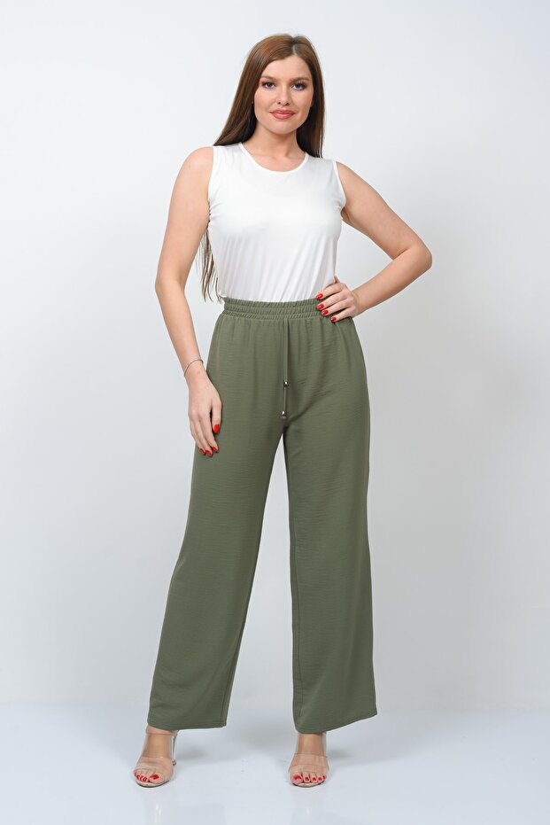 Women's Khaki Crepe Fabric Straight Cut Summer Elastic Large Size Trousers