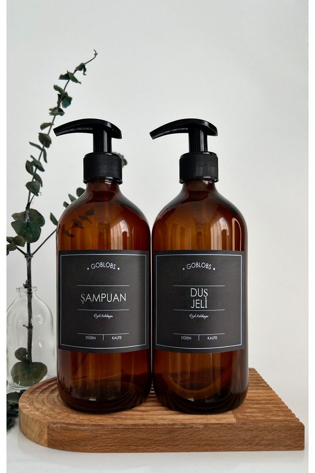 2'li Set 500ml Amber Kahverengi Cam Şişe Şampuan & Duş Jeli Siyah Etiketli - 1