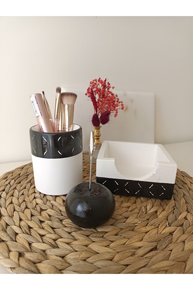 Desktop Office Set; Concrete Cylinder Pen Holder, Notepad Holder and Note Holder Black