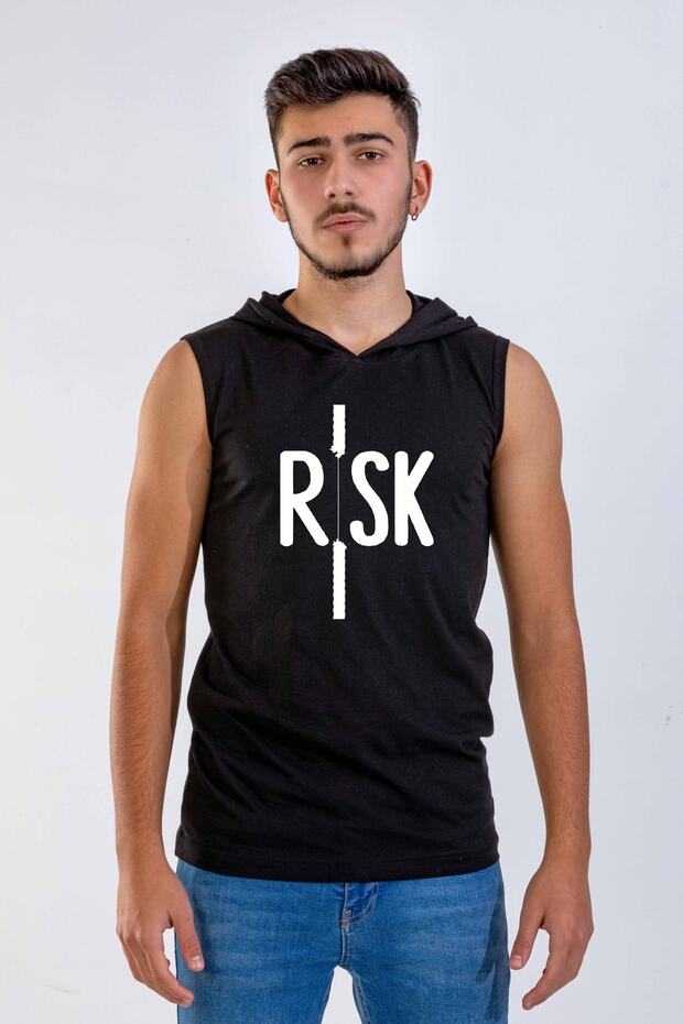 Unisex Black Printed Hooded Sleeveless T-shirt
