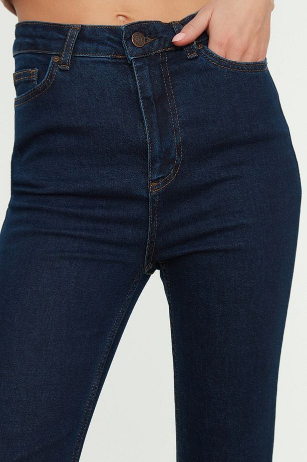 Koyu Mavi Yüksek Bel Flare Jeans Ispanyol Paça Kot Pantolon - 2