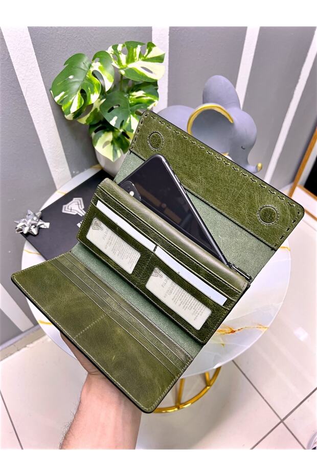 Genuine Leather Men's Green Color 2022 with Phone Compartment and Saraciye Stitching