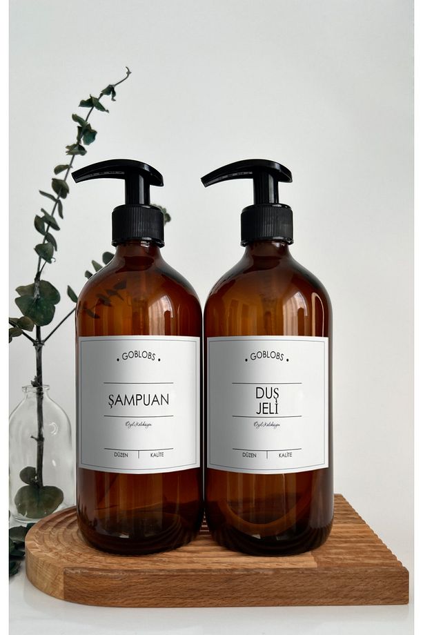 2'li Set 500ml Amber Kahverengi Cam Şişe Şampuan & Duş Jeli Beyaz Etiketli - 1