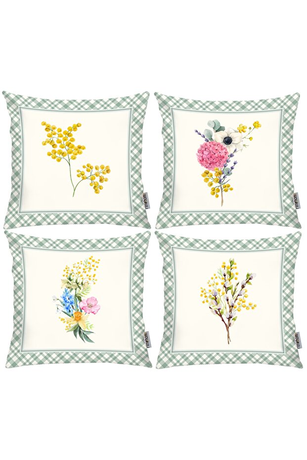 Floral, Spring, Scandinavian, Bohemian, Modern Double-Sided Printed 4-Piece Throw Pillow Cover Cream, Green, Pink