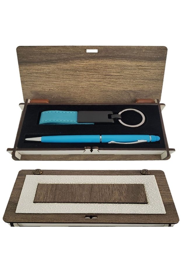 Blue Pen and Keychain Set with Wooden Box
