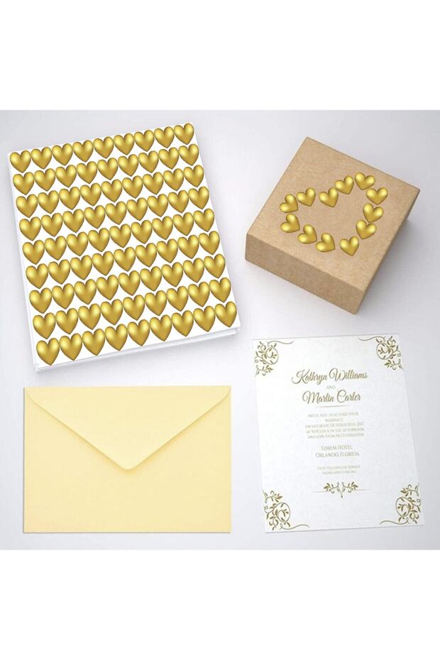 220 Adet 2 cm Yapışkanlı Kalp Şekilli Gold Altın Sticker Etiket Paketleme Parti - 3
