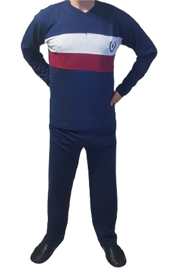 100% Cotton Long Sleeve Navy Blue Men's Pajama Set