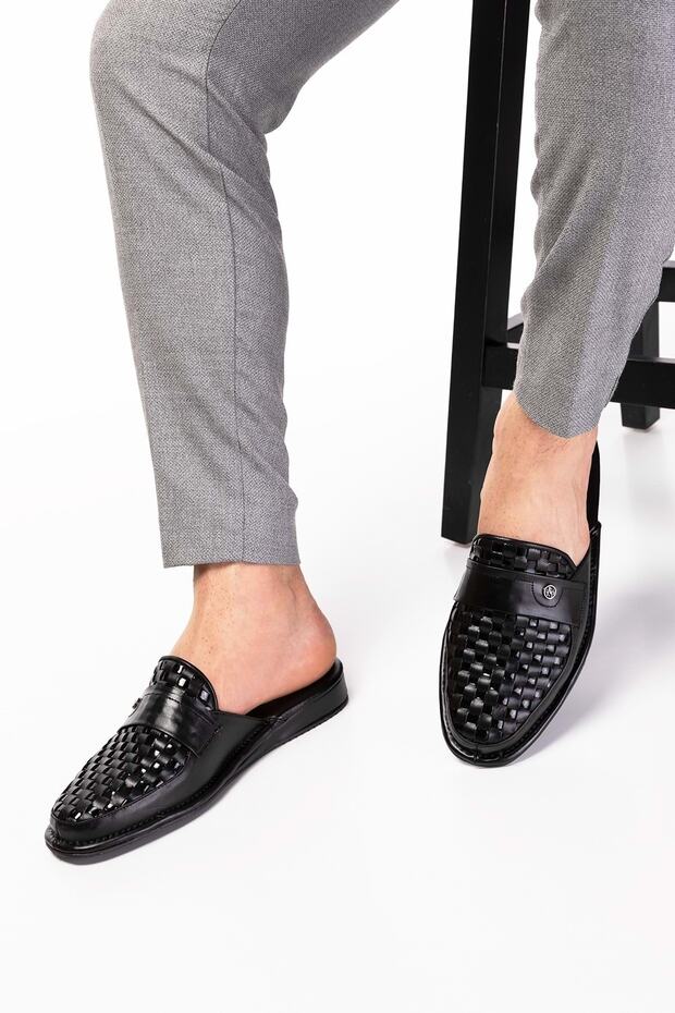 Men's Genuine Leather Knitted Pattern Groom House Slippers Kayaş.102 - Black - 42