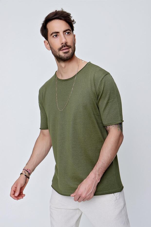 Men's Crew Neck Loose Fit Cotton Thin Knitwear T-shirt Khaki 22sm210