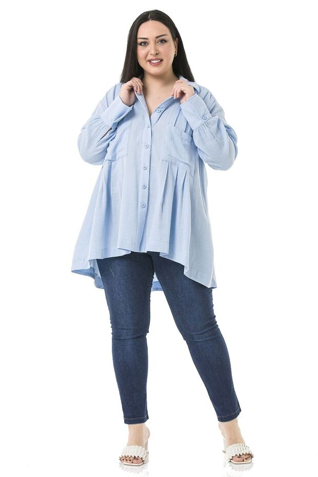 Large Size Bag Pocket, Pleated Front and Back, Wide Cuffs, Long Back Baby Blue Muslin Shirt