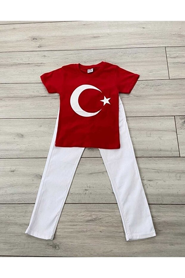 Red Turkish Flag Short Sleeve T-shirt White Pants Bottom Top Set