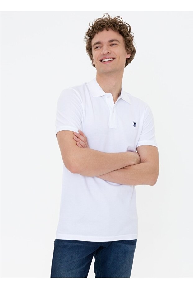 Polo Neck Slim Fit White Men's T-shirt