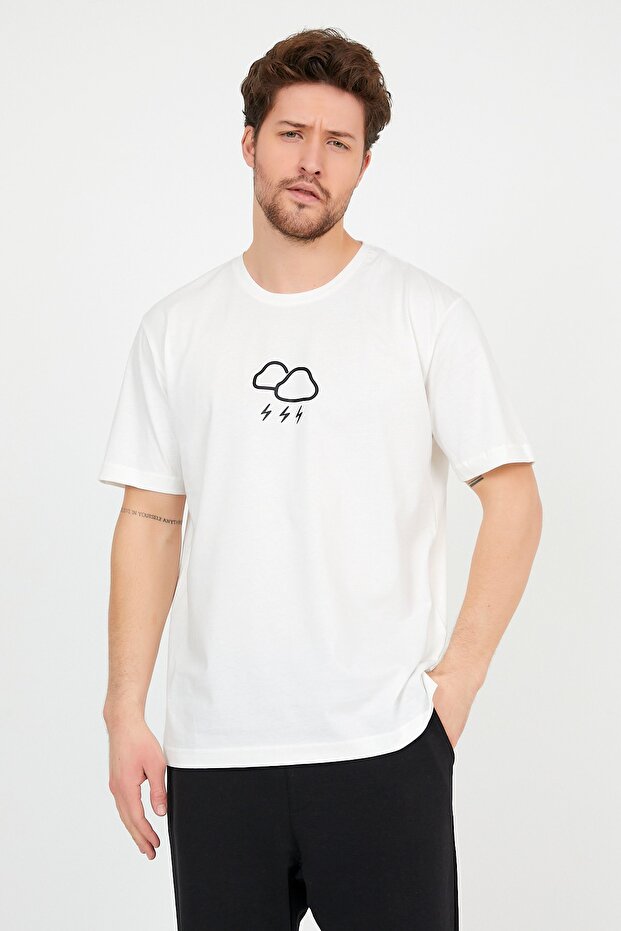Men's Ecru Cloud Printed Crew Neck Oversize Cotton T-Shirt