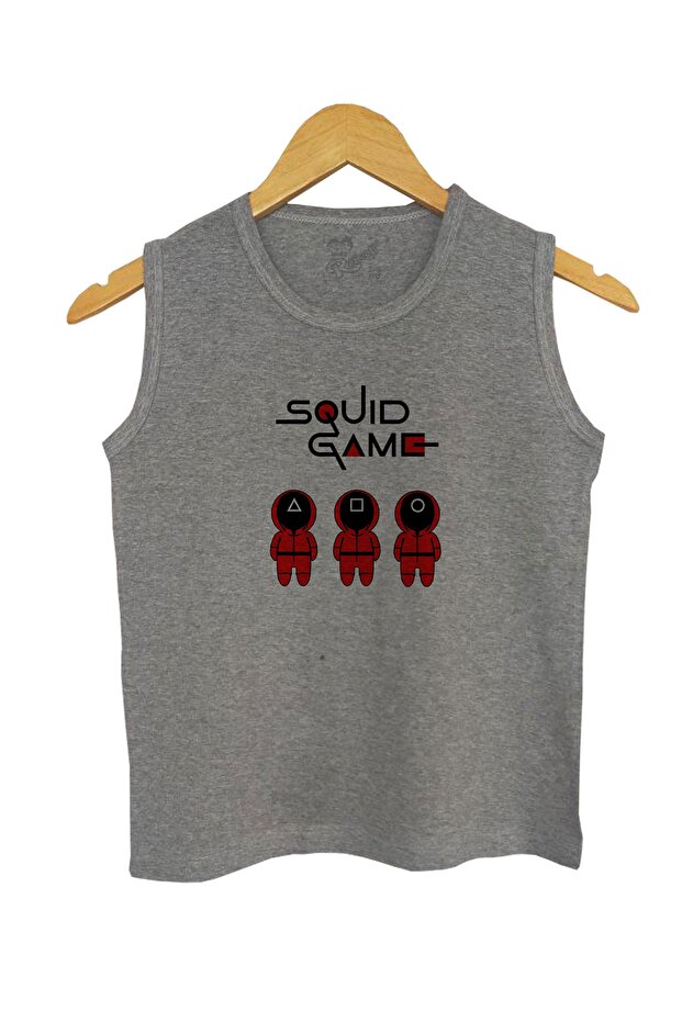 Children's Gray Melange Knitted Sleeveless T-shirt Squid Game Digital Printed