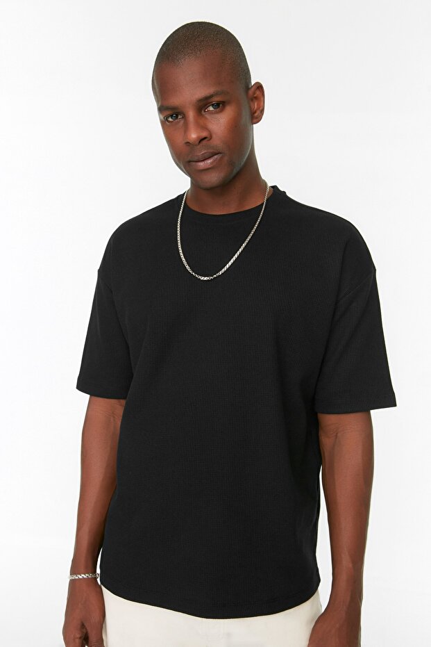 Unisex Siyah Oversize/Geniş Kesim Kısa Kollu Dokulu Basic T-shirt TMNSS22TS00049 - 3