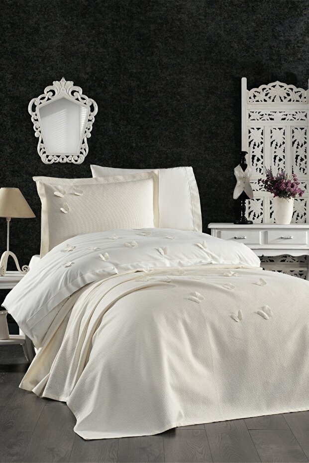 5 Piece Elastic Sheets, 3D Butterfly Patterned Children's Room Cotton Single Cream Duvet Cover Set
