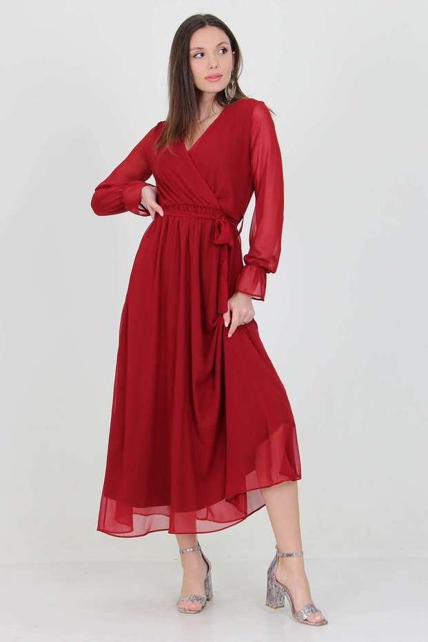 Women's Burgundy New Season Lined Double Breasted Collar Long Chiffon Dress Nb003