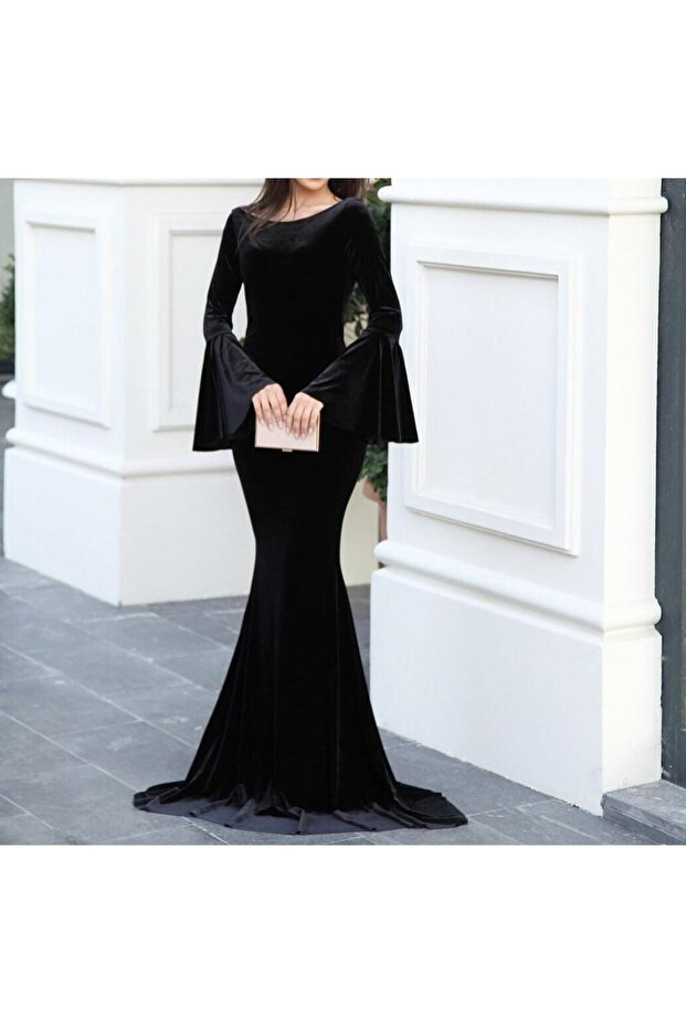 İspanyol Kol Kadife Uzun Elbise - 1