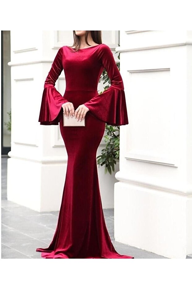 Ispanyol Kol Kadife Uzun Elbise - 1