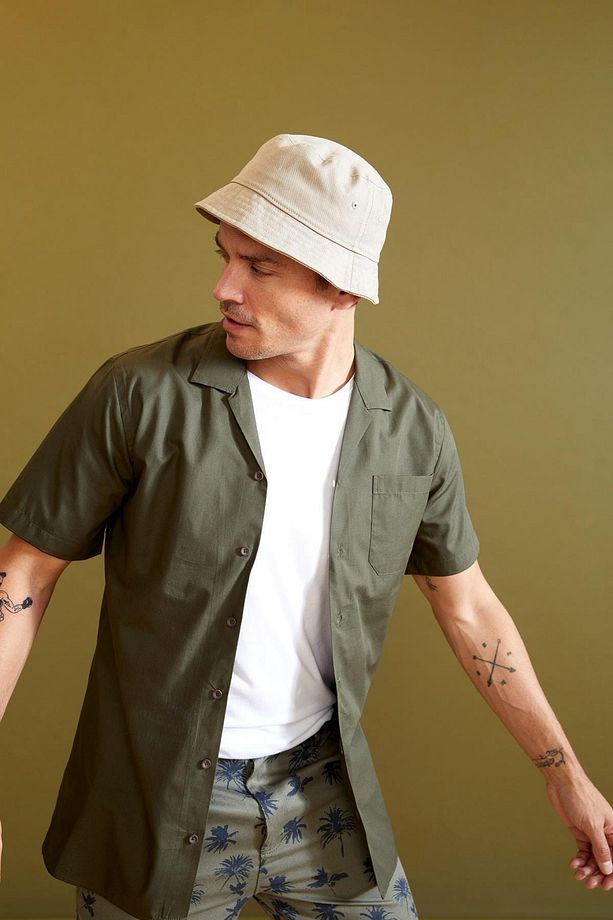 Erkek Haki Modern Fit Basic Kısa Kollu Gömlek - 3