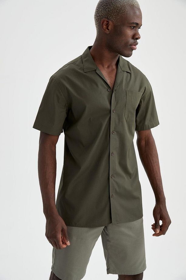 Erkek Haki Modern Fit Basic Kısa Kollu Gömlek - 7