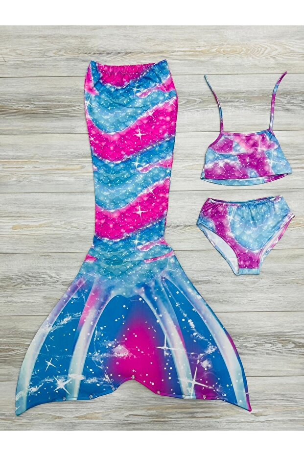 Girl's Bikni Swimsuit Mermaid Costume Blue Pink Zigzag Patterned 3-Piece Set