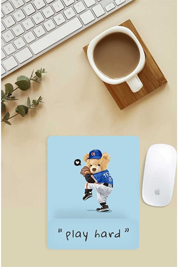 Baseball Playing Teddy Patterned Mouse Pad with Wrist Support - 1