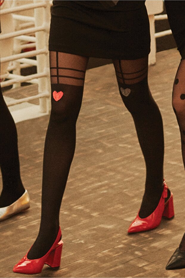 Women's Black Shine Heart Patterned Pantyhose