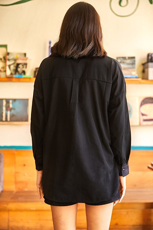 Damska koszula typu boyfriend z czarnym oczkiem i cekinami, szczegółowo tkana GML-19000992 - 2