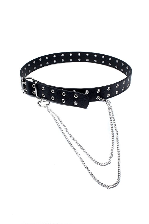 Genuine Leather Eyelet Women's Belt with Chain Detail