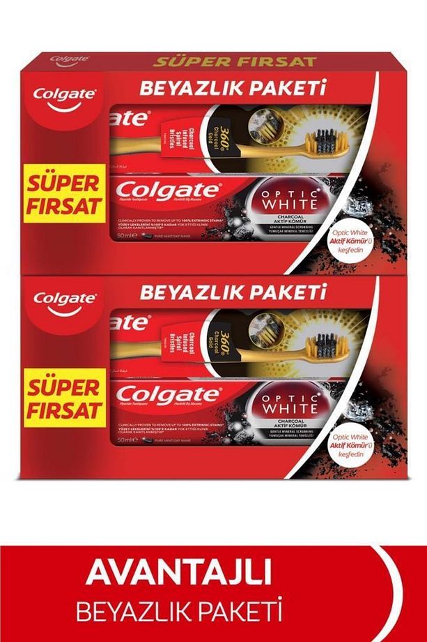 Optic White Beyazlatıcı Diş Macunu 50 ml x2+ 360 Charcoal Gold Yumuşak Diş Fırçası x2 Adet - 2