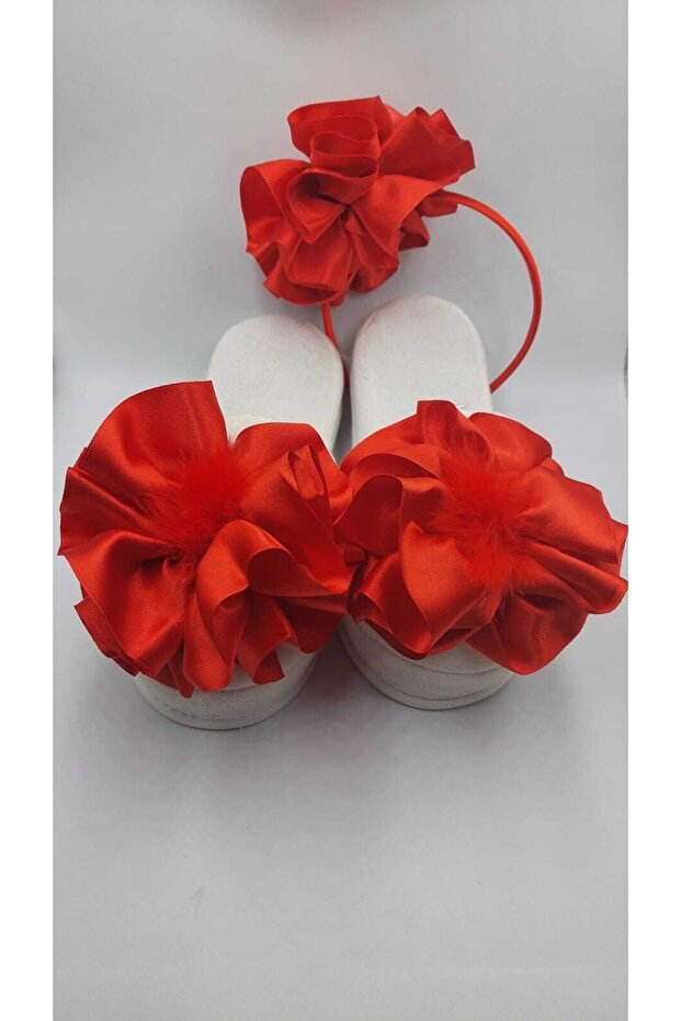 طقم تاج نعال الأمومة باللون الأحمر مع فيونكة