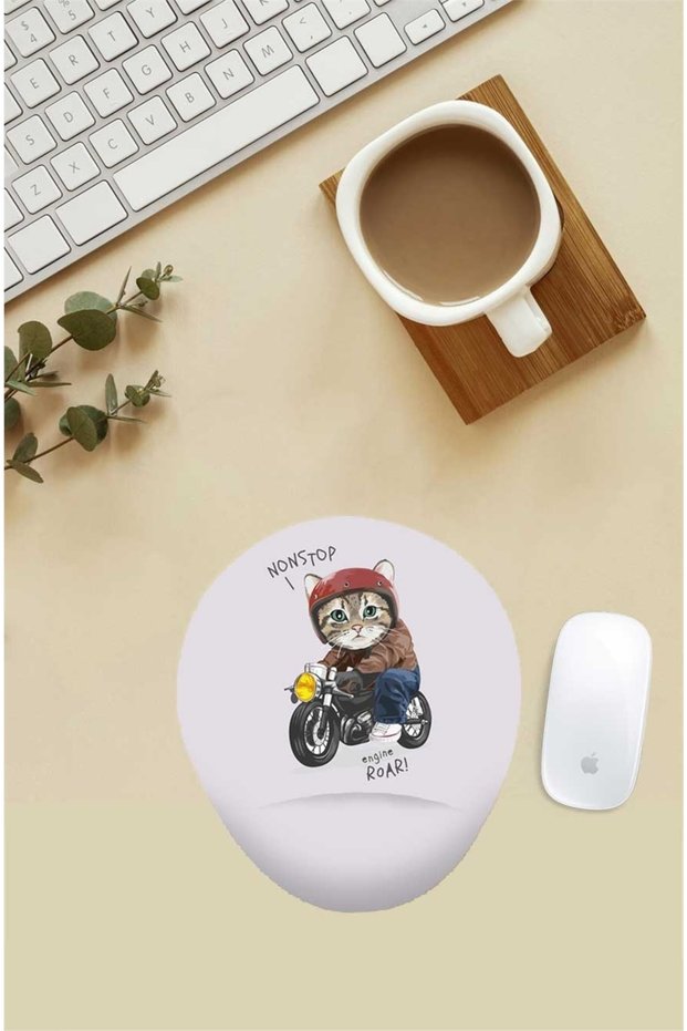 Biker Cat Patterned Mouse Pad with Wrist Support