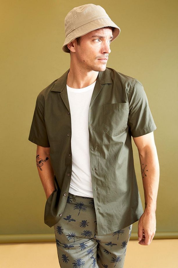 Erkek Haki Modern Fit Basic Kısa Kollu Gömlek - 2