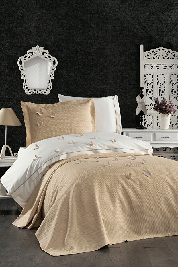 5 Piece 3D Butterfly Patterned Children's Room Cotton Single Beige Beige Duvet Cover Set with Elastic Sheets