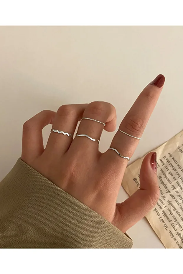5'li Minimal Set Yüzük Gümüş Rengi - 1