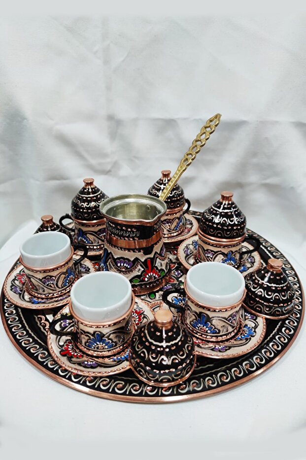 Enamel Embroidered Copper Coffee Pot Set of 6 Coffee Cups